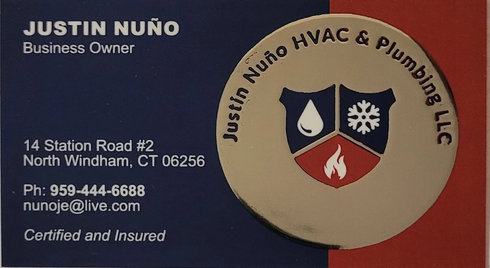 Justin Nuño HVAC & Plumbing LLC business card — Justin Nuño, Business Owner, North Windham, CT, certified and insured